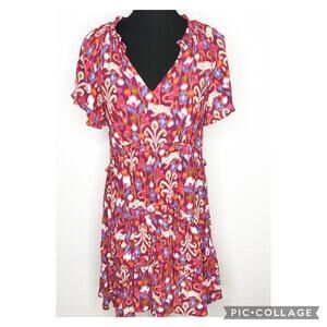 Anthropologie red white purple graphic v neck ruffle trim dress size Extra Small